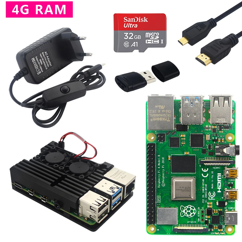  Original Raspberry Pi 4 Model B Kit Dual Fan Aluminum Case + Switch Power Adapter + Micro HDMI Cabl