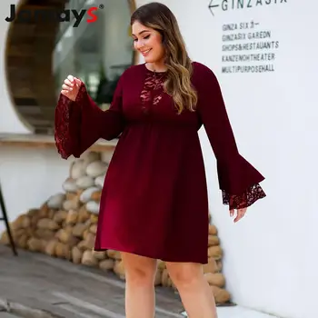 

Plus Size Elegant Women Dress Wine Lace Patchwork Flare Sleeve Hollow V Neck Sexy Party Dresses Office Lady Femme Vestidos 4XL