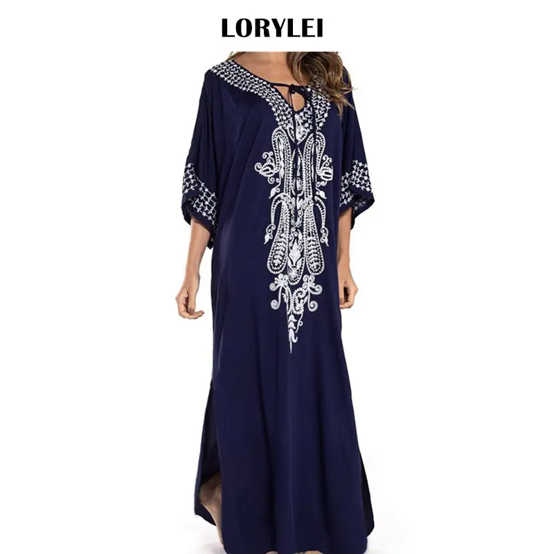 

2019 Indie Folk Embroidered Plus Size Kaftan Summer Beach Summer Dress Blue Cotton Tunic plage Robe Women Swimsuit Cover Up N775