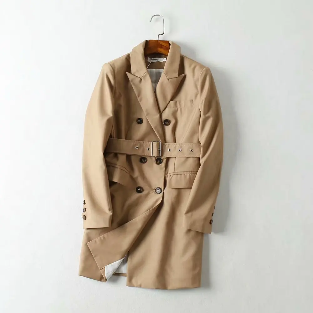 

2019 Autumn New Style Western Style Double Breasted Belt Mid-length Suit Jacket