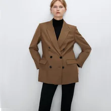 ZA, осенний коричневый пиджак, модная женская одежда в европейском и американском стиле, двубортное пальто для отпуска, вечерние, для путешествий