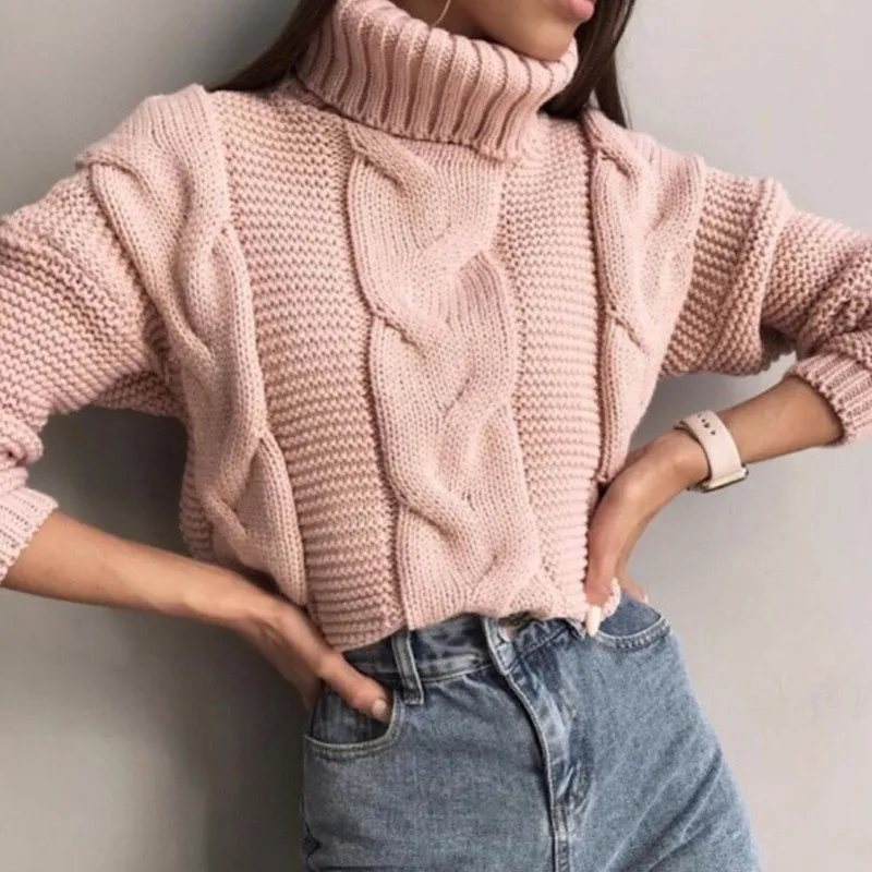 

Fall Winter Women Casual Solid Loose Sweater Female Long Sleeve Pullover Bat Sleeve Turtleneck Sweater