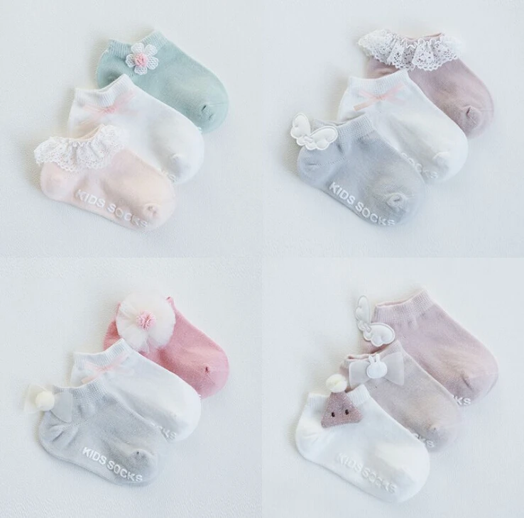 3Pairs/set Sweet Newborn Baby Girl Cotton Socks Wings Flower Lace
