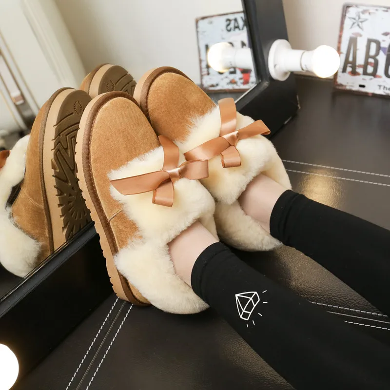 

Winter Korean-style Candy-Colored Bow Genuine Leather Brushed And Thick Anti-slip Snow Boots Female Short Boots Warm mian bao xi