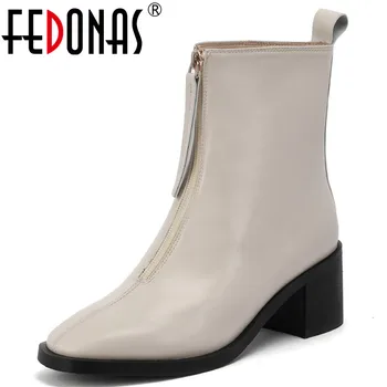 

FEDONAS 2020 Fashion Women Ankle Boots Zipper Genuine Leather Shoes Woman 2020 Winter Newest Working Basic Thick Heels Boots