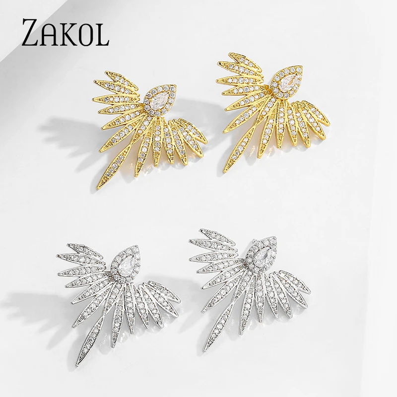ZAKOL 2020 Elegant Feather Shape White Gold Color High Quality Cubic Zirconia Jewelry Party Stud Earrings for Women FSEP2539