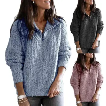 

Black Friday Lowest Price Fashion Warm Women Autumn Solid Color Long Sleeve Zip Loose Knitted Plus Size Sweater Women Warm Top