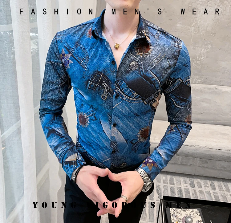 Имитация ковбоя Повседневная рубашка для мужчин с длинным рукавом Slim Fit рубашки для мужчин платье бизнес Топ уличная гавайская рубашка Chemise