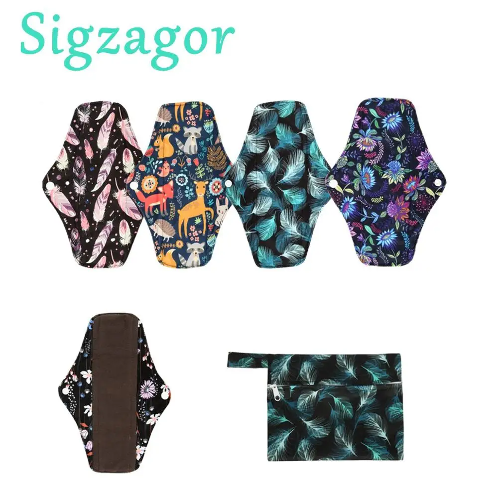 5 + 1 Set Long Panty Liners Cloth Menstrual Pads RANDOM Prints Bamboo Charcoal Sanitary Washable Reusable Light Flow