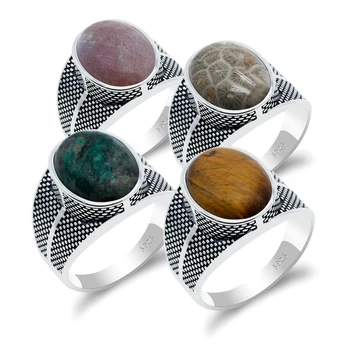 

925 Sterling Silver Men Ring with Natural Coral/India Agate/Tiger Eye Stone Punk Thai Silver Ring for Male Turkish Fine Jewelry