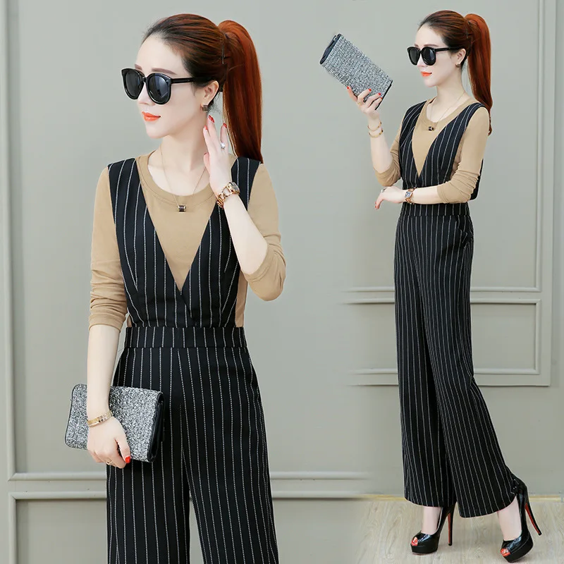 

Fashion Suspender Strap Stripes Loose Pants 2019 Spring New Style Korean-style Slimming Long-sleeved Upper Garment Pants Two-Pie