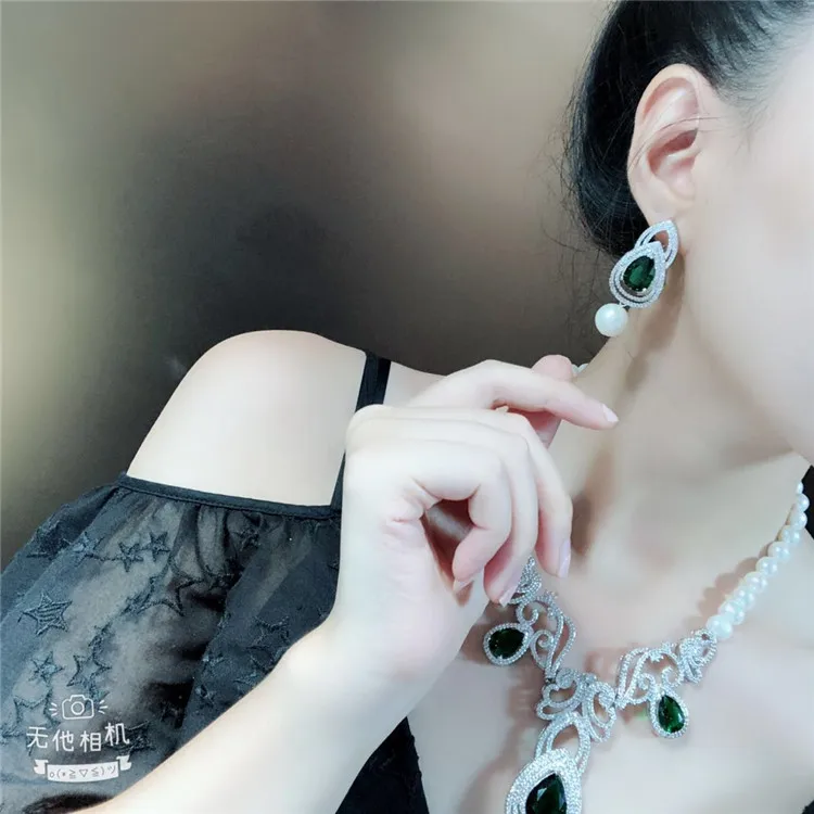 Micro inlay green zircon clasp accessory Luxury freshwater pearl earrings necklace set fashion jewelry