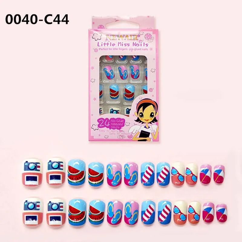 style10 24 шт./упаковка, полное покрытие, короткий размер, милый пресс на ногтях для детей, разные стили с рисунком, накладные ногти для детей с клеем - Цвет: style10