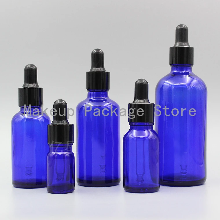 

2/10pcs 5ml 10ml 15ml 20ml 30ml 50ml 100ml Empty DIY Cosmetic Blue Glass Essential Oil Bottles with Black Dropper Cover Pipette