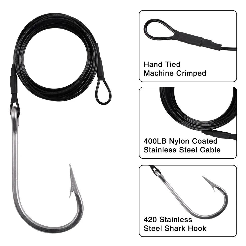 5PCS Tuna Fishing Hooks Big game Jig rig 400LB Nylon Coated Cable Wire  Leader Rigging Saltwater Shark Toothy Fishhooks 5/0-12/0