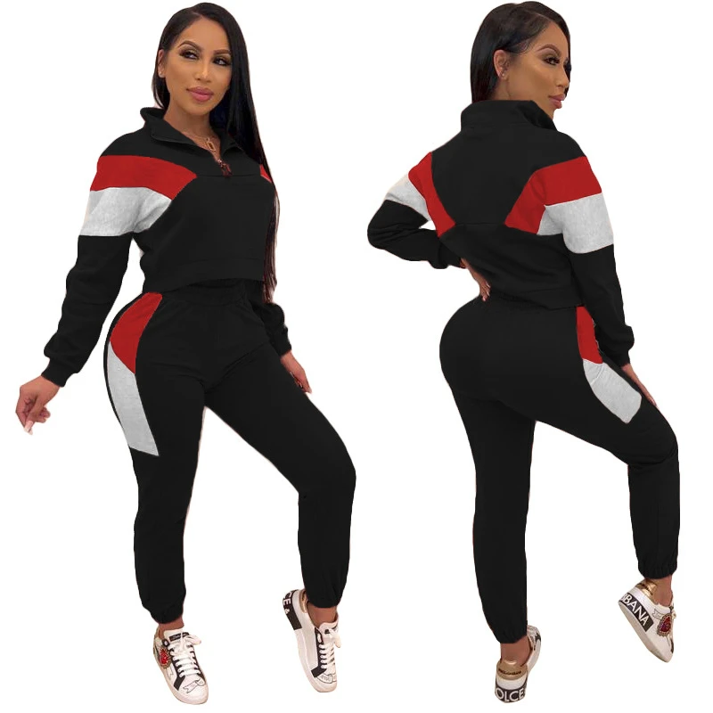 black 2 piece set Adogirl цветной лоскутный женский спортивный костюм Модный комплект из двух предметов толстовка на молнии с длинными рукавами пуловер Топ карандаш повседневные штаны - Цвет: black 2 piece set