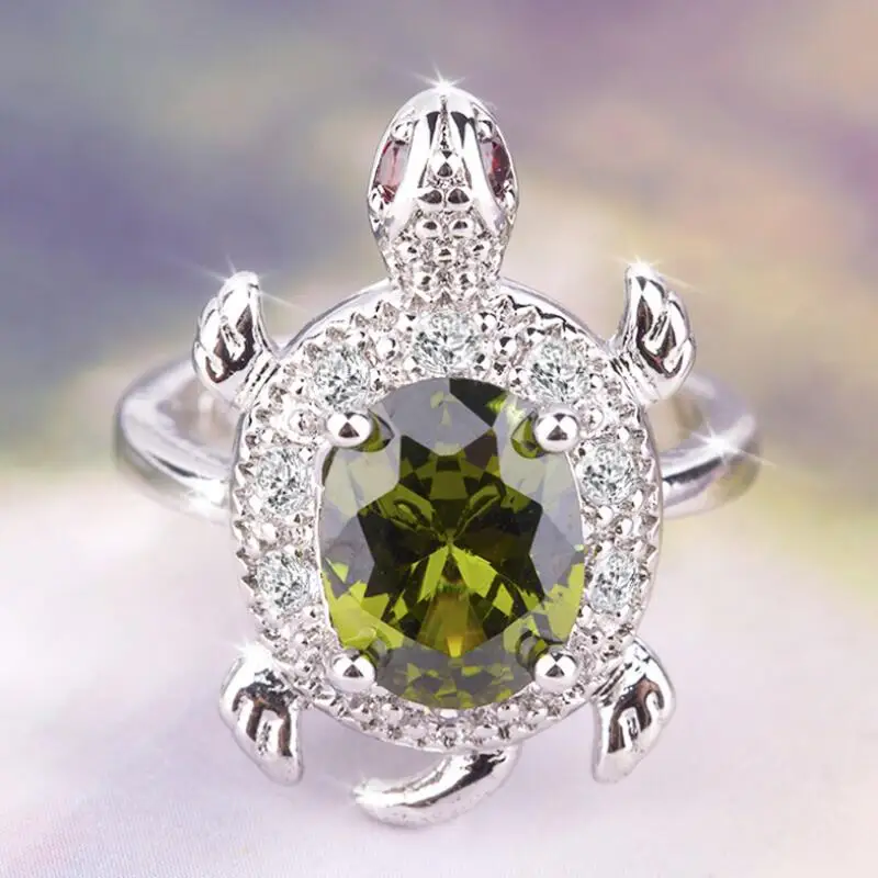 Female Lovely Cute Olive Green Turtle Ring Crystal Zircon Stone Tortoise Animal Rings For Women Banquet Wedding Jewelry Gift | Украшения и