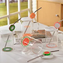 Корея Лето красочные фрукты прозрачное стекло с соломенной крышкой Высокая термостойкость боросиликатное стекло воды мультфильм чайная чашка