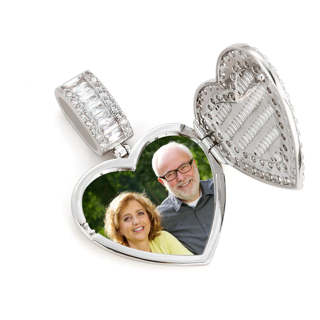 Can Be Opened Heart-shaped Photo Pendant Iced Zircon Cubic Zirconia Personalized Picture Necklace Hip Hop Custom Jewelry