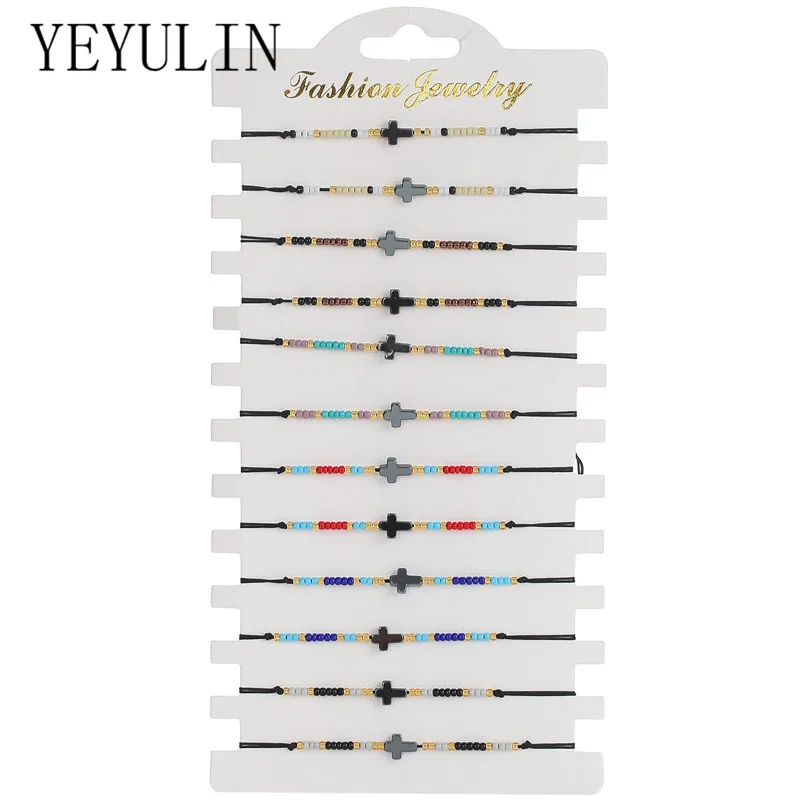 Hematite Cross Charm Bracelets Set 12pcs/lot Women Children Handmade Rope Adjustable Bracelet Wristband Jewelry bracelet jewelry