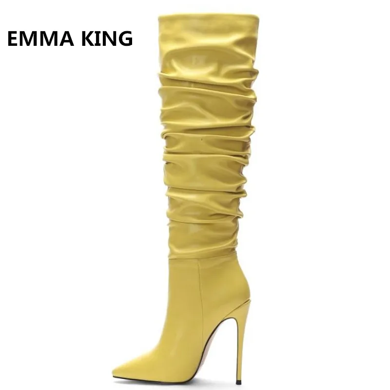 

2019 Pleated Design Fashion Women Knee High Boots Winter Pointed Toe High Heels Knight Boots Stilettos Slip-On Leather Boots