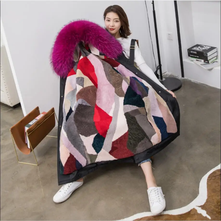 long pink Женская зимняя Новинка года, модное пальто с капюшоном из натурального меха енота, натуральная оторочка из овечьей шерсти, куртки парка с наполнителем, длинная куртка N128 - Цвет: long pink
