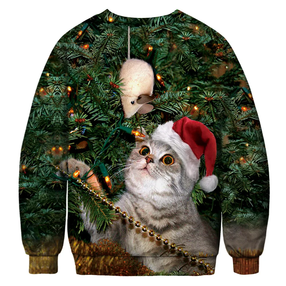 Уродливый Рождественский свитер с 3D космическим галактическим котом, джемпер для мужчин и женщин, с круглым вырезом, с длинным рукавом, с капюшоном, топы, пуловер, толстовка, толстовка