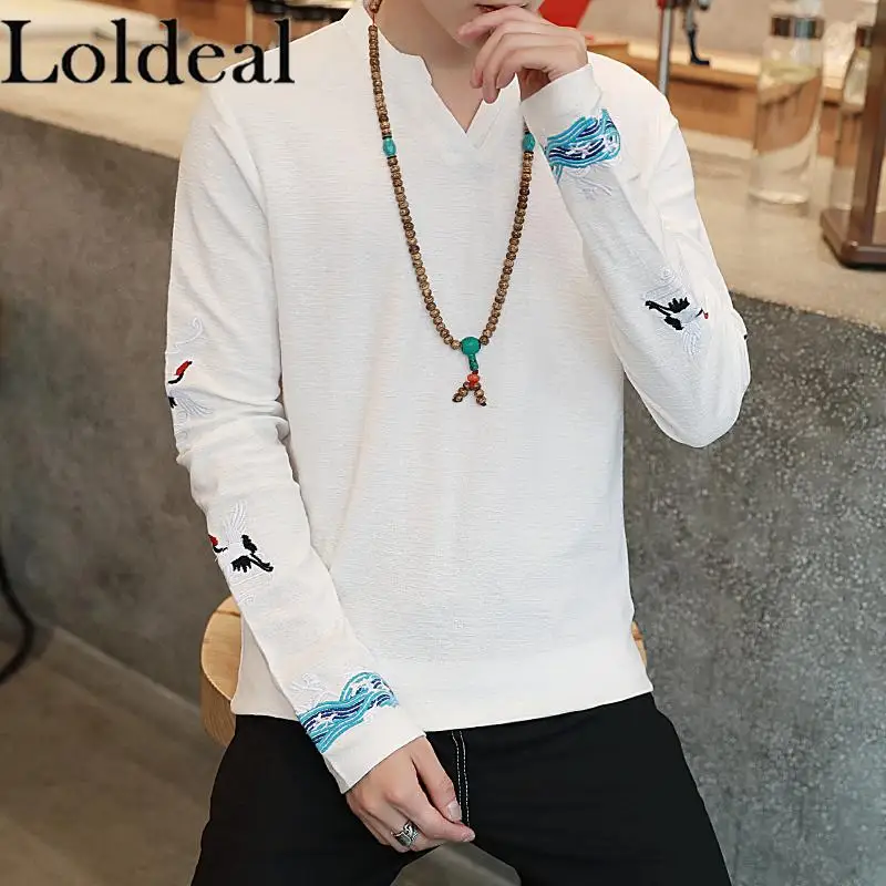 

Loldeal Retro Long-sleeved T-shirt Men's Chinese Style Cotton and Linen Flying Crane Embroidery Slim V-neck Thin Section