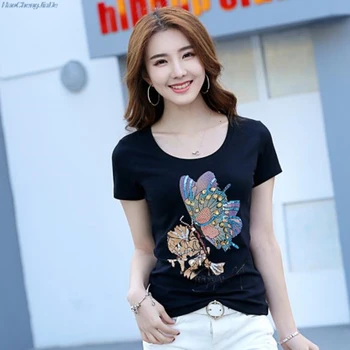 

Women's butterfly beads Rhinestone Sequined cotton T-shirts Female Diamond Sequins 2019 summer new short sleeved tshirt tops tee