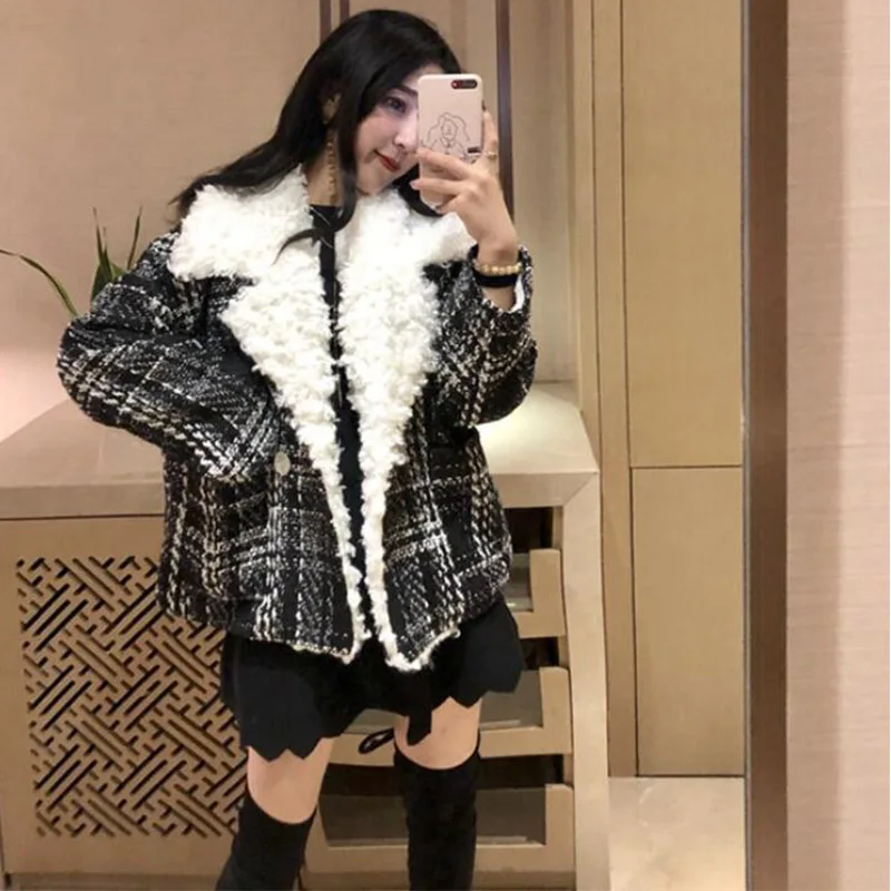 Новая осенне-зимняя корейская мода высокого качества мутоновая шуба женская клетчатая Толстая короткая куртка большого размера cc692