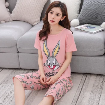 

2020 Summer Cotton Calf Length Pants Pajama Sets Women Short Sleeve Sleepwear Cute Cartoon Outwear Homewear Pijama Mujer Clothes