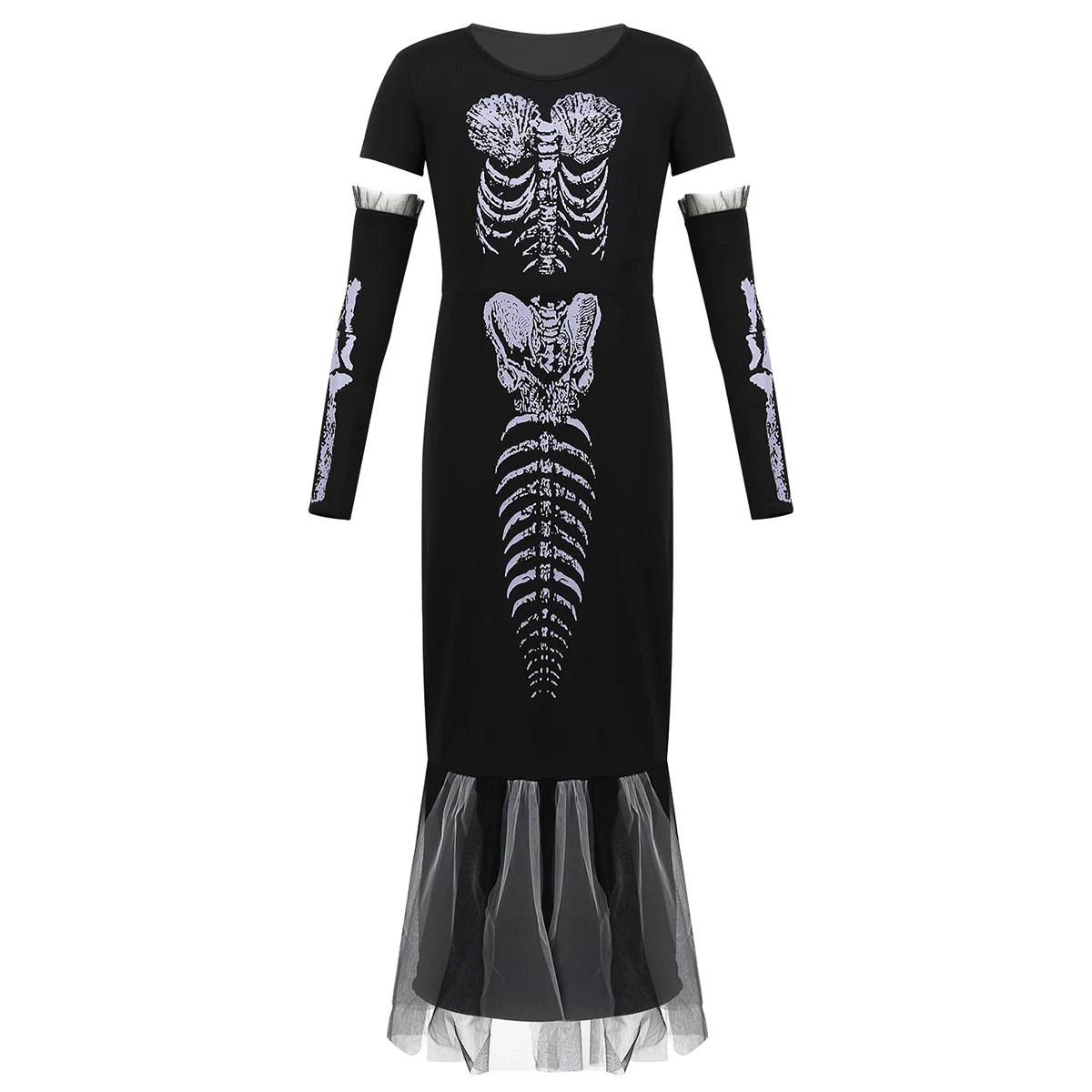 Костюм на Хэллоуин, карнавальные костюмы с черепом и скелетом для детей, карнавальный маскарадный костюм для девочек, длинное платье с рукавами на рукавах - Цвет: Black
