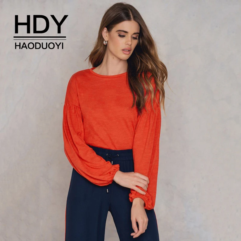 

HDY Haoduoyi New Arrival Autumn Fashion Simple Orange Solid Color Lantern Sleeves Long Sleeve Round Neck T-shirt For Women