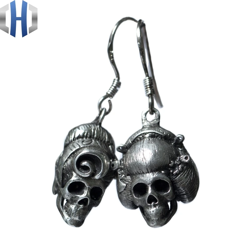 

Original Design Handmade Silver Skull Earrings Personality Ear Hook 925 Sterling Silver Earrings Female Retro