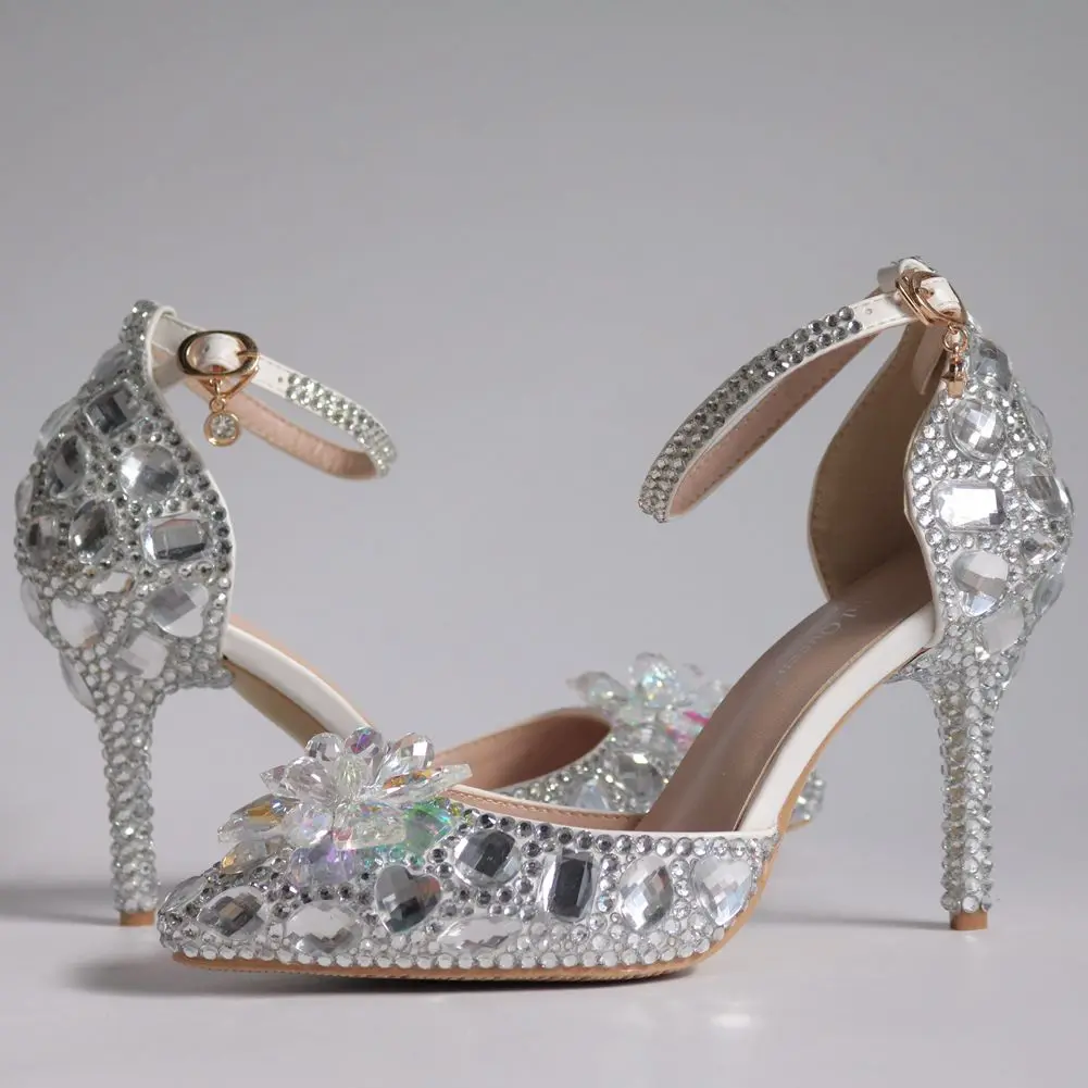 Свадебная обувь в европейском стиле со стразами; женские белые босоножки со стразами; Свадебная обувь с острым носком на высоком каблуке