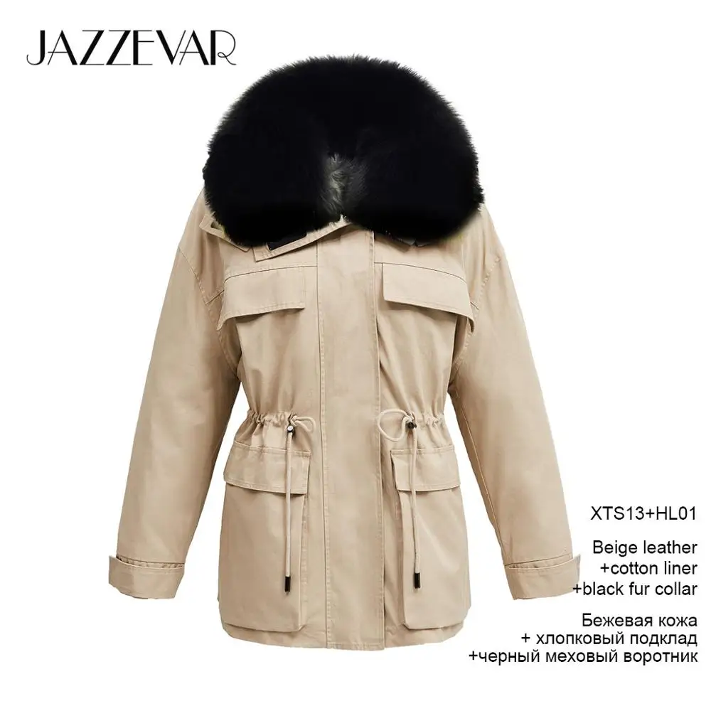 Beige coat black fur JAZZEVAR Зимнее новое поступление зимнее женское пальто высокого качества с меховым воротником свободная верхняя одежда модная женская парка K9067 - Цвет: Beige coat black fur