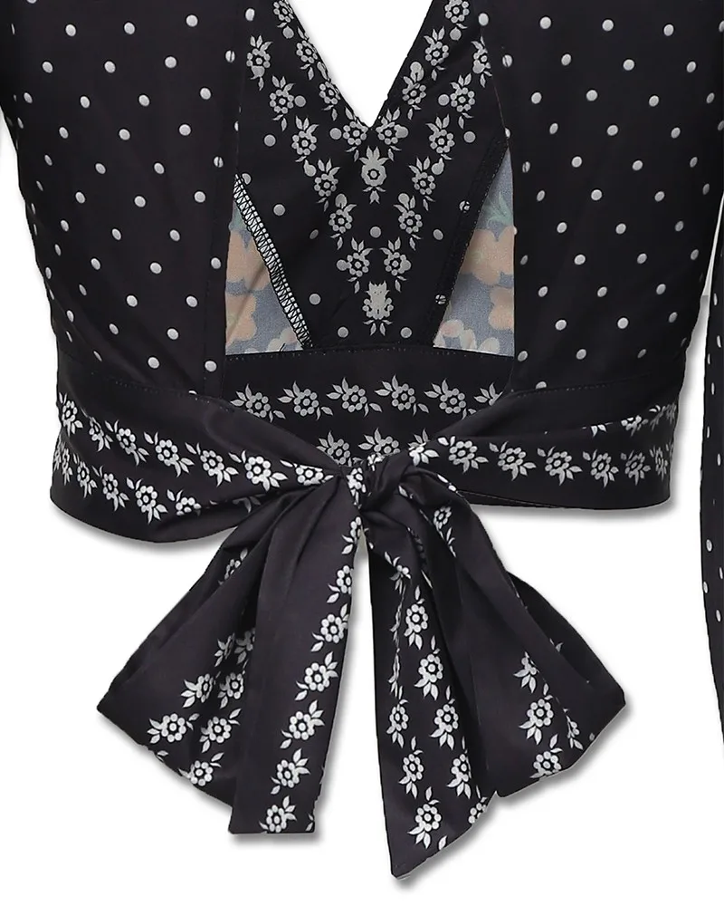 С глубоким вырезом и растительным принтом завязкой сзади Повседневная Блузка с v-образным вырезом и расклешенными рукавами с цветочным принтом Повседневная Блузка Для женщин рубашка с длинными рукавами