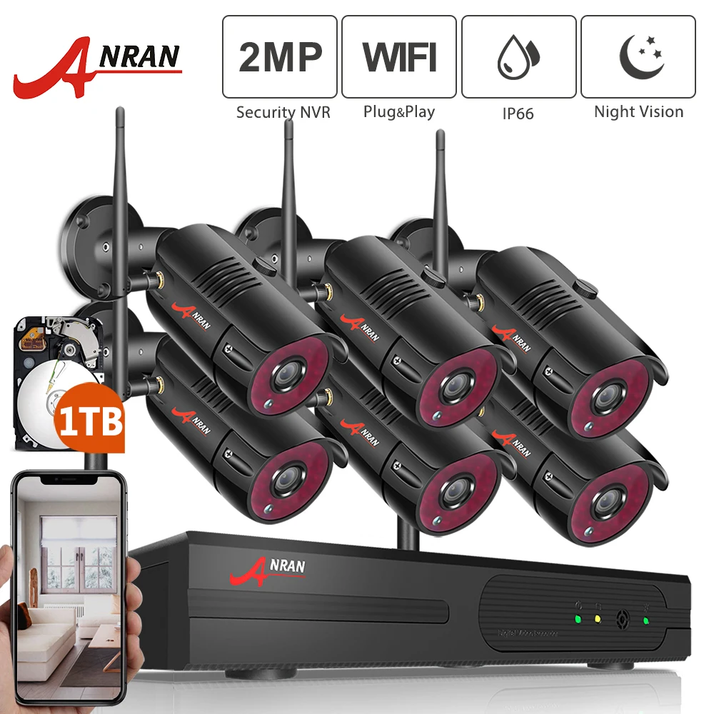 

ANRAN 1080P HD IP Cameras Waterproof Outdoor Night Vision Surveillance System 8CH NVR Kits 6pcs Home WiFi Security Camera Kits