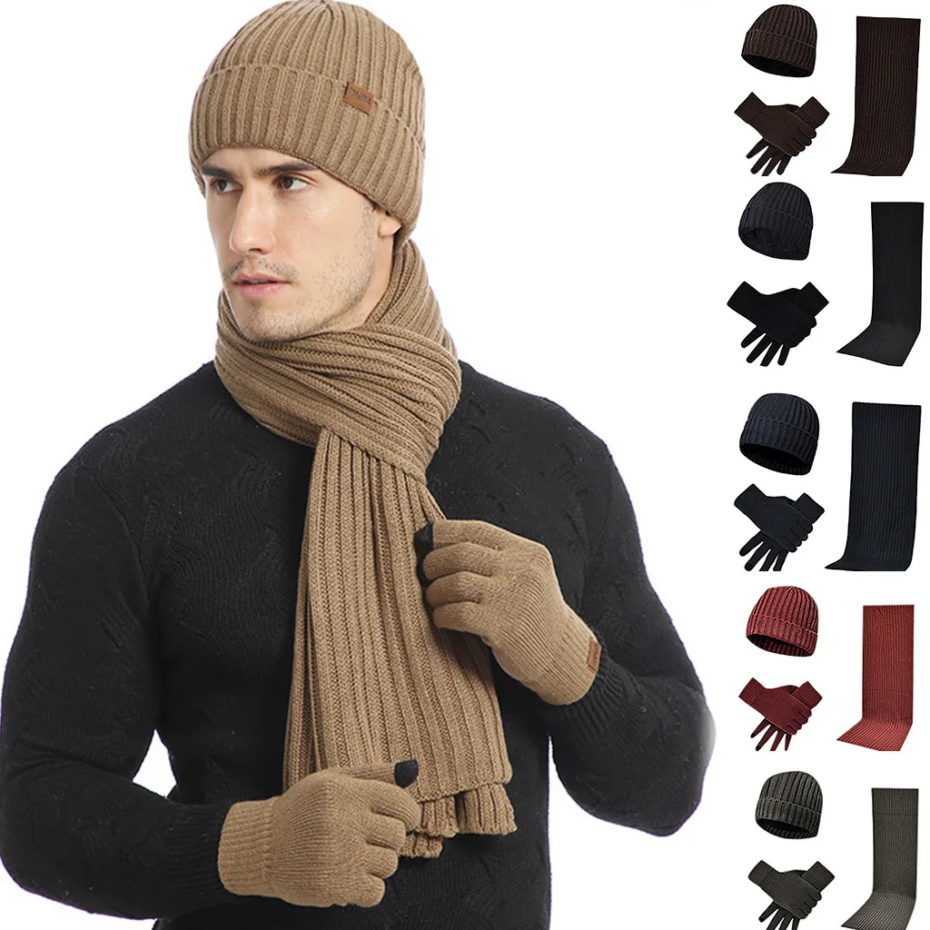 Вязаный шарф унисекс, шапка и перчатки, набор, зимняя уличная Теплая эластичная шапка, плотный шарф и варежки, повседневный комплект