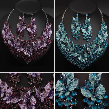 

Fashion Crystal Butterfly Painting Bridal Necklace Earrings Set Party Jewelery Sets Evening Wedding for Women Girl Gifts Vintage