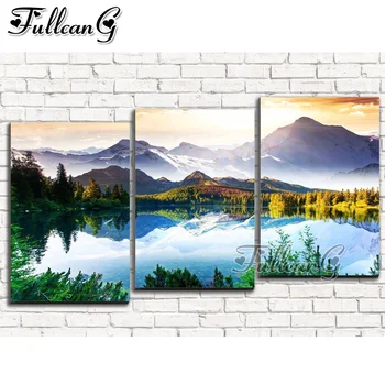 

FULLCANG 5d diy diamond embroidery mountain lake scenery diamond painting triptych full square round drill home decor FC2358