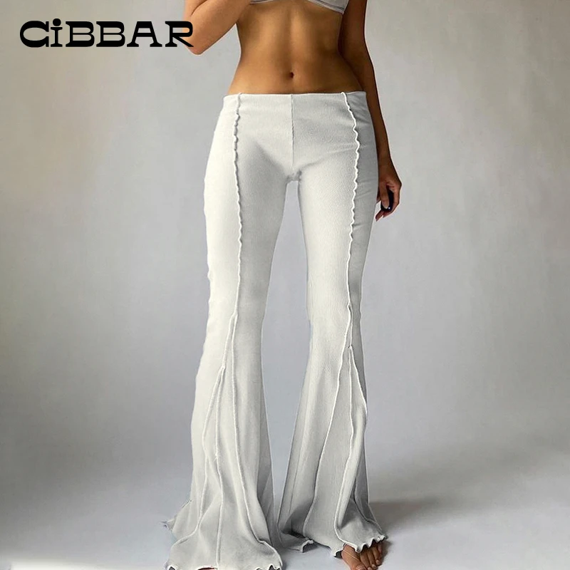 CIBBAR Solid Low Waist Ribbed Flare Pants Women Summer Slim Elegant Casual Elastic Trousers Female Fashion All-Match Streetwear