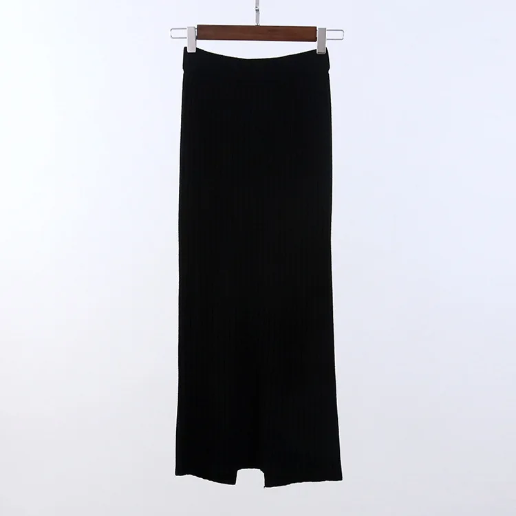 80 см эластичная лента женские юбки осень зима теплая трикотажная прямая юбка ребристая юбка средней длины черная