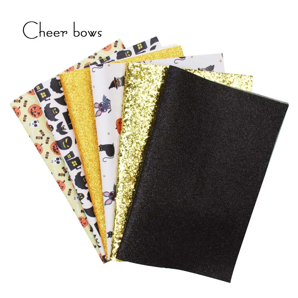 

6pcs/set Halloween Synthetic Leather Sheets Bat Pumpkin Printed Faux Leather For DIY Bow Gifts Decor Making Hnadmade Material