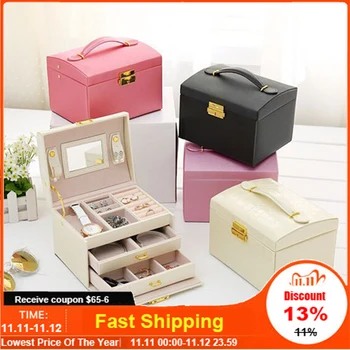 

Crocodile Pattern PU Leather Jewelry Boxes Three Double Drawer Make Up Display Gift Cosmetic Container Multifunction Organizer