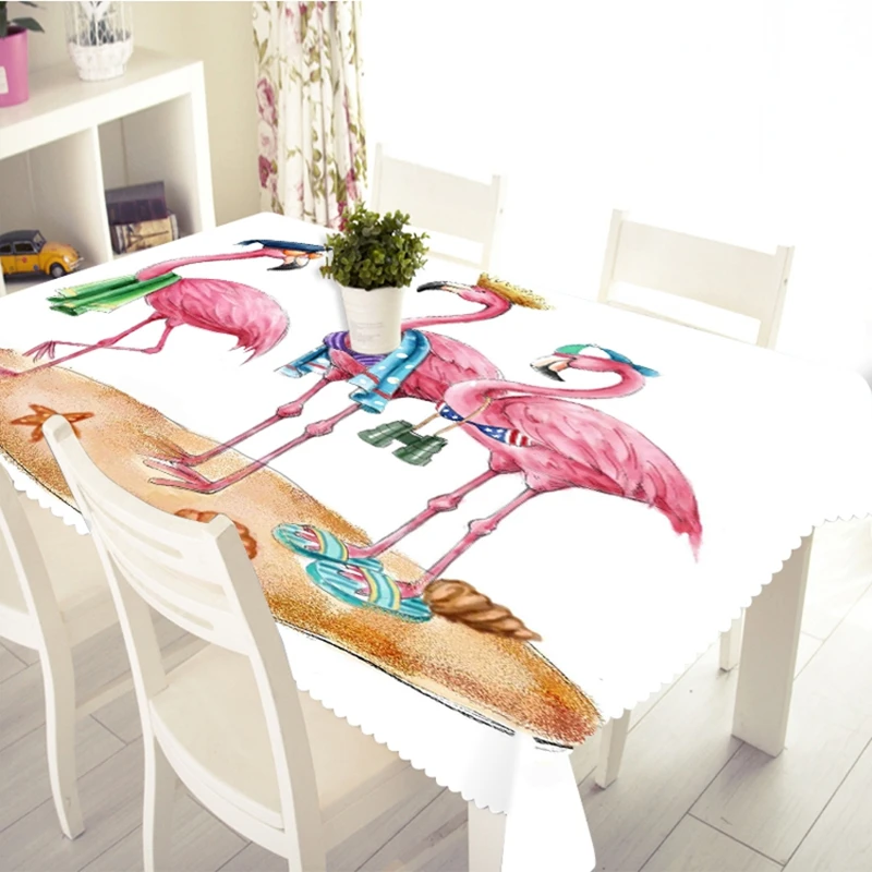 3D Colorful Flower and Flamingo Tablecloth Dustproof Thicken Cotton Rectangular/Round Table Cloth for Wedding Picnic Party