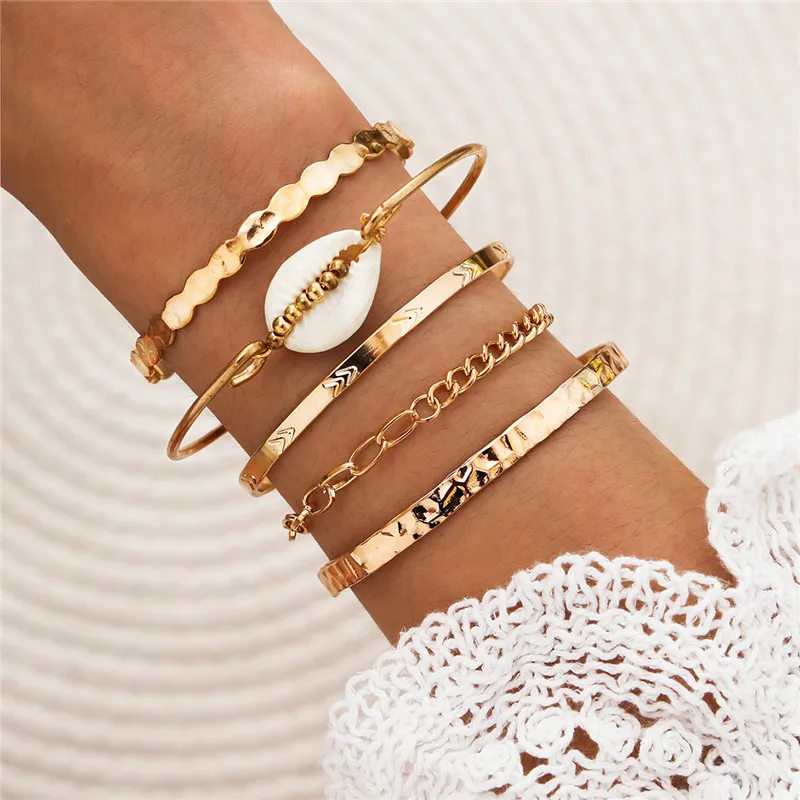 Modyle 2021 New Bohemian Gold Color Punk Vintage Metal Arrow Coin Bracelet Set for Woman Natural Shell Beach Jewelry | Украшения и