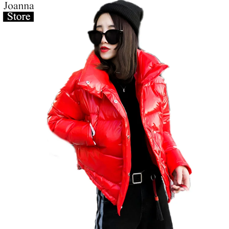 new-winter-short-glossy-cotton-clothing-female-stand-collar-thick-warm-parka-oversized-fluffy-black-zipper-bright-yellow-coats