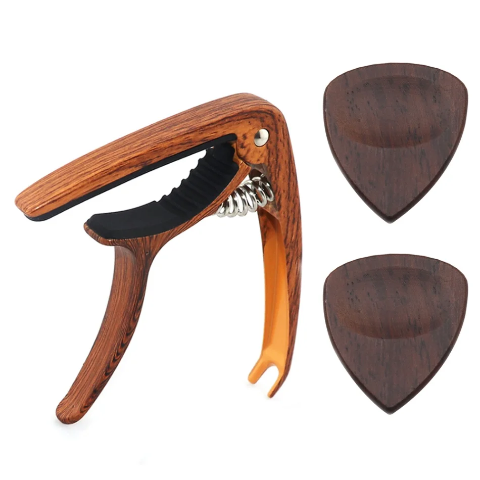 2 шт деревянные медиаторы металлический каподастр для гитары со Съемник фиксатора для акустической Народной классической гитары аксессуары для гавайской гитары - Цвет: Ebony Wood Picks