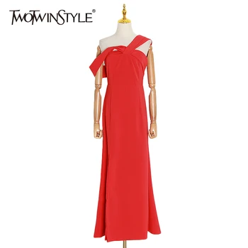 

TWOTWINSTYLE Sexy Party Dress Women Asymmetrical One-shoulder Sleeveless High Waist Side Split Dresses Female Clothing 2020 Tide